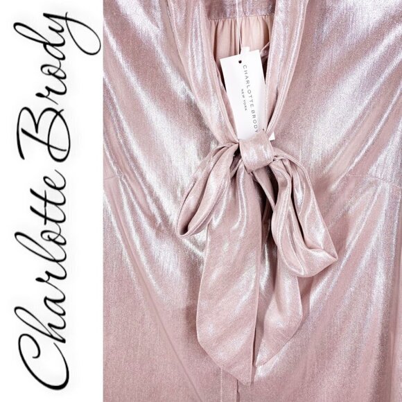 NWT CHARLOTTE BRODY Tie-Neck Blouse In Pink Blush Lamé, Size XS - Picture 2 of 8